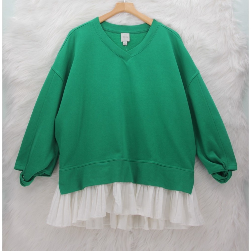 Maeve Long-Sleeve V-Neck Twofer Fleece Knit Pullover Kelly Green NWT XL Preppy